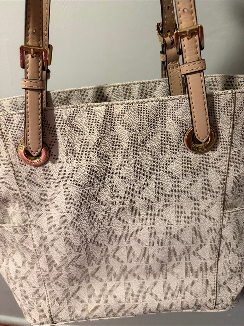 Michael Kors Neutral Logo Canvas Tote with Tan Leather Trim